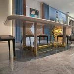 Cream White High-Gloss Dining Table with Rounded Corners and Architectural Gold Metal Bas